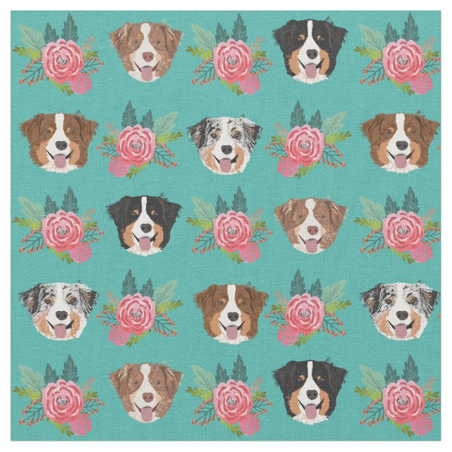 Aussie dogs and pink florals fabric (Close Up)