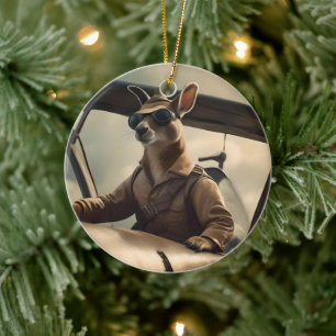 Aussie Kangaroo Aeroplane Pilot, Ceramic Tree Decoration