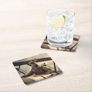 Aussie Kangaroo Pilot, Square Paper Coaster