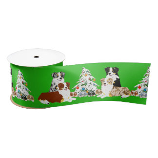 Aussie Pairs, Christmas Tree & Puppies Ribbon Satin Ribbon