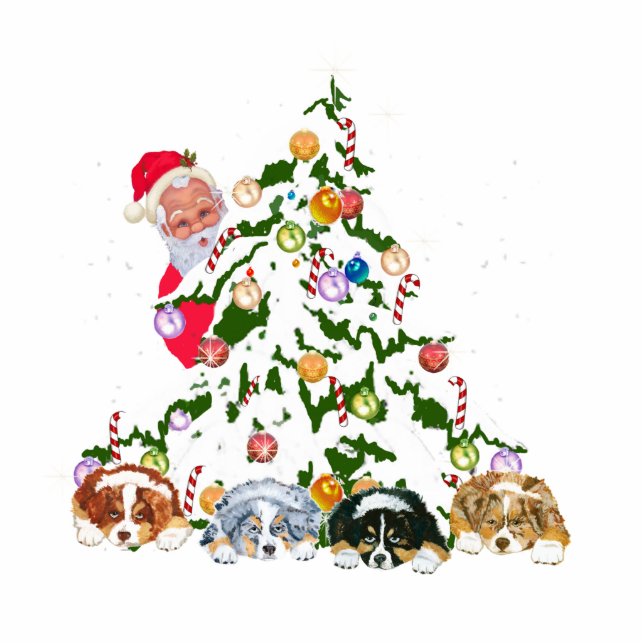 Aussie Pups under the tree w/Santa Photo Sculpture Magnet (Front)