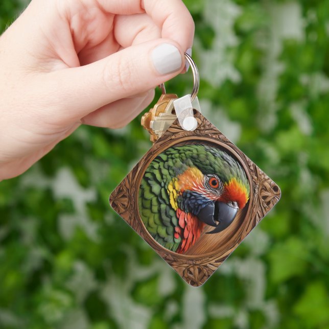 Aussie Spirit: A Lorikeet Perched In Carved Wood Key Ring (Hand)