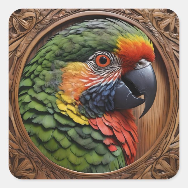 Aussie Spirit: A Lorikeet Perched In Carved Wood Square Sticker (Front)