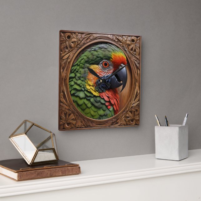 Aussie Spirit: A Lorikeet Perched In Carved Wood Square Wall Clock (Office)