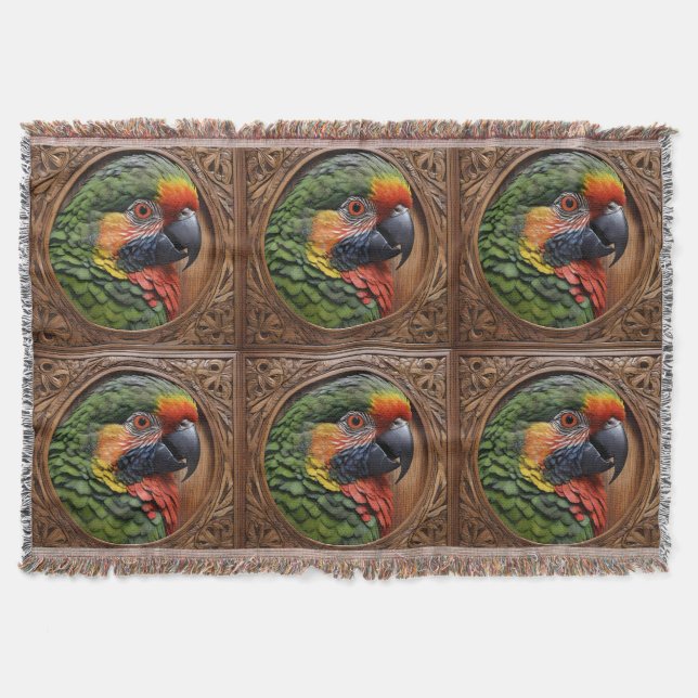 Aussie Spirit: A Lorikeet Perched In Carved Wood Throw Blanket (Front)