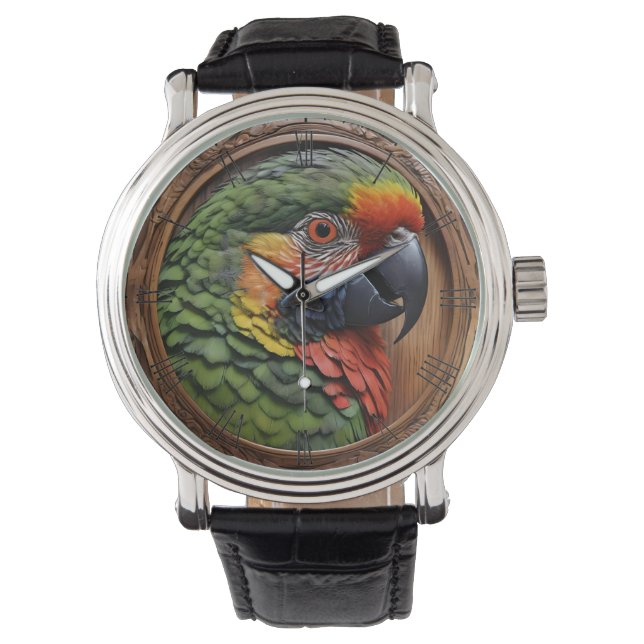 Aussie Spirit: A Lorikeet Perched In Carved Wood Watch (Front)