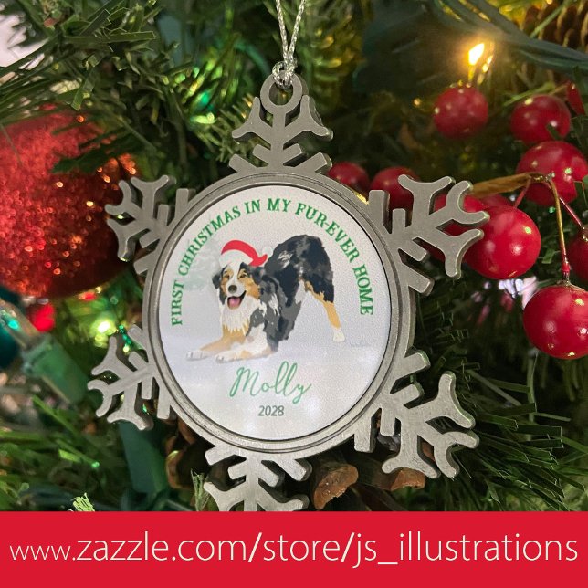 Aussie with Santa Hat 2023 Snowflake Pewter Christmas Ornament (Blue Merle Aussie, personalize with Name and Year)