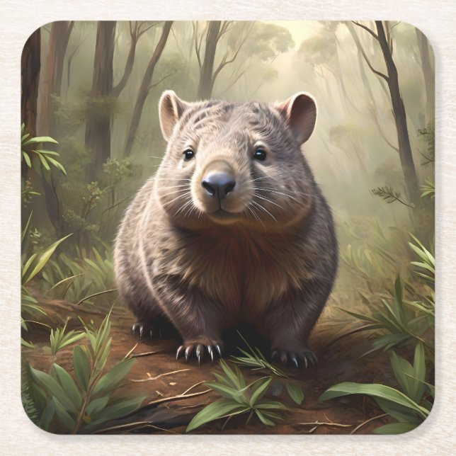 Aussie Wombat In The Aussie Bushland, Square Paper Coaster (Front)
