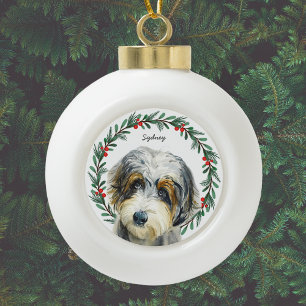 Aussiedoodle Monogram Name Christmas Wreath Ceramic Ball Christmas Ornament
