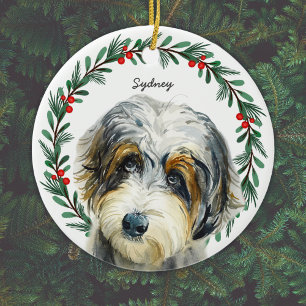 Aussiedoodle Monogram Name Christmas Wreath Ceramic Tree Decoration