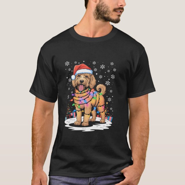 Aussiedoodle Small Dog Christmas Light Xmas Dad Mo T-Shirt (Front)