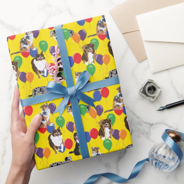 Aussies Australian Shelpherds and Party Balloons Wrapping Paper (Gifting)