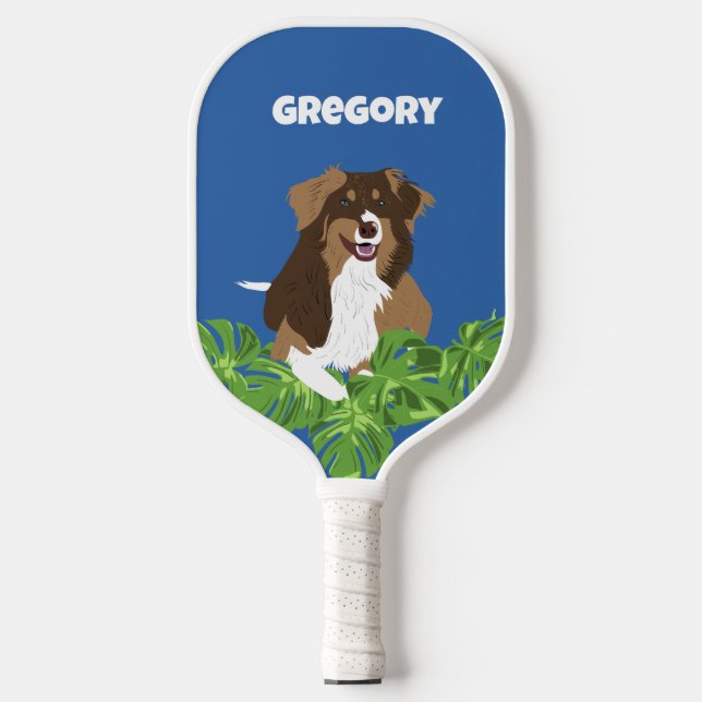 Aussies Australian Shepherd Dogs Tropical Leaves Pickleball Paddle (Front)