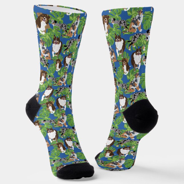 Aussies Australian Shepherd Dogs Tropical Leaves Socks (Angled)