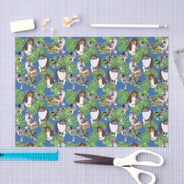 Aussies Australian Shepherd Dogs Tropical Leaves Tissue Paper (Craft)