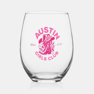 austin bachelorette pink floral cowboy hat boots stemless wine glass