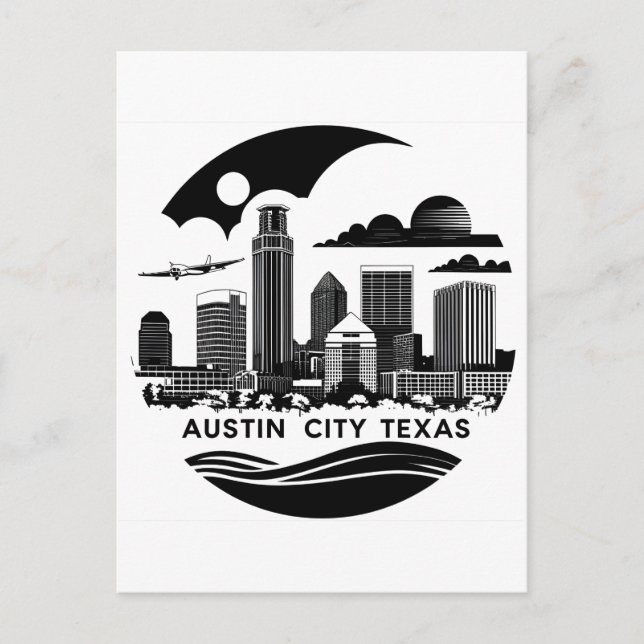 Austin City Texas Skyline Retro Black & White Art Postcard (Front)