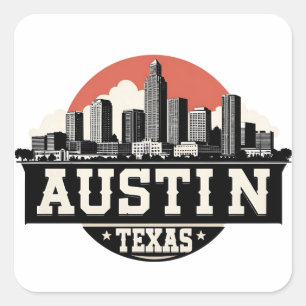 Austin City Texas Skyline Retro Black & White Art Square Sticker