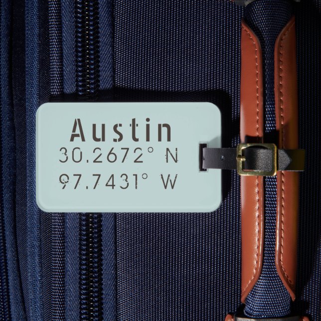 Austin Latitude Longitude Customisable Luggage Tag (Front Insitu 4)