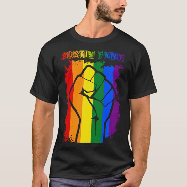 Austin LGBT Pride Month LGBTQ Rainbow Flag Gay Les T-Shirt (Front)