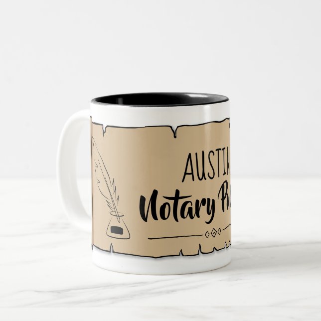Austin Notary Public Scroll Feather Quill Two-Tone Coffee Mug (Front Left)