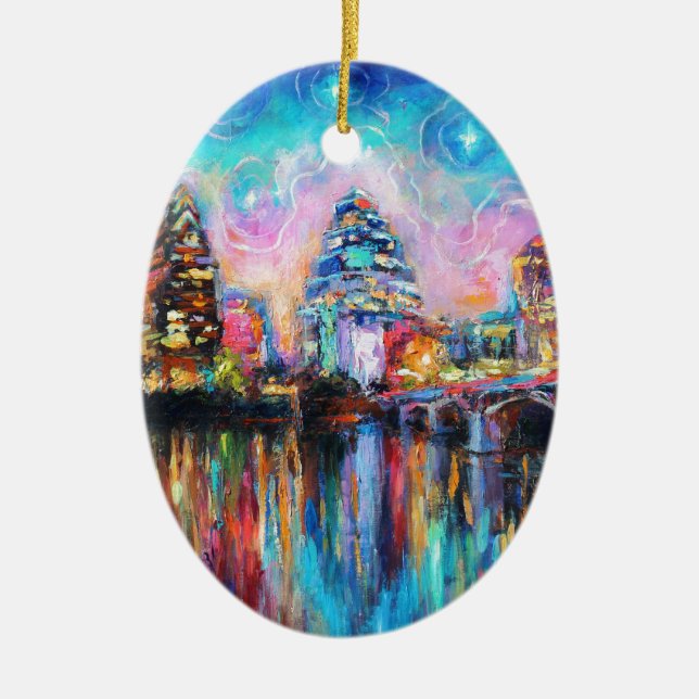 Austin Skyline at night cityscape Art gifts Ceramic Tree Decoration (Front)