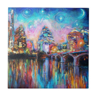 Austin Skyline at night cityscape Art gifts Tile