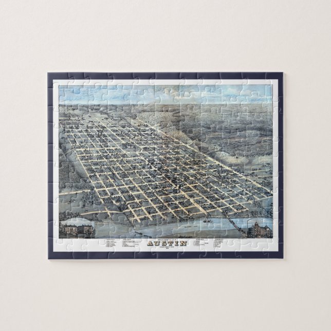 Austin, Texas Antique Aerial City Map from 1873 Jigsaw Puzzle (Horizontal)