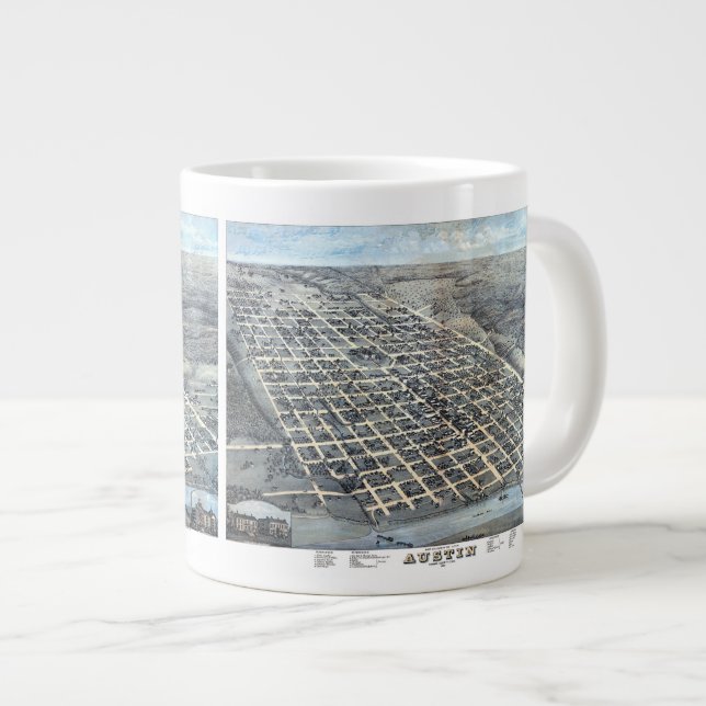 Austin, Texas Antique Aerial City Map from 1873 Large Coffee Mug (Front Right)