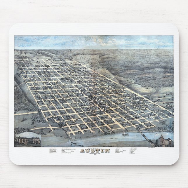 Austin, Texas Antique Aerial City Map from 1873 Mouse Mat (Front)