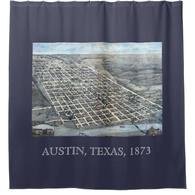 Austin, Texas Antique Aerial City Map from 1873 Shower Curtain (Front)