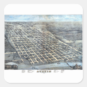 Austin, Texas Antique Aerial City Map from 1873 Square Sticker