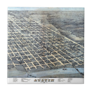 Austin, Texas Antique Aerial City Map from 1873 Tile