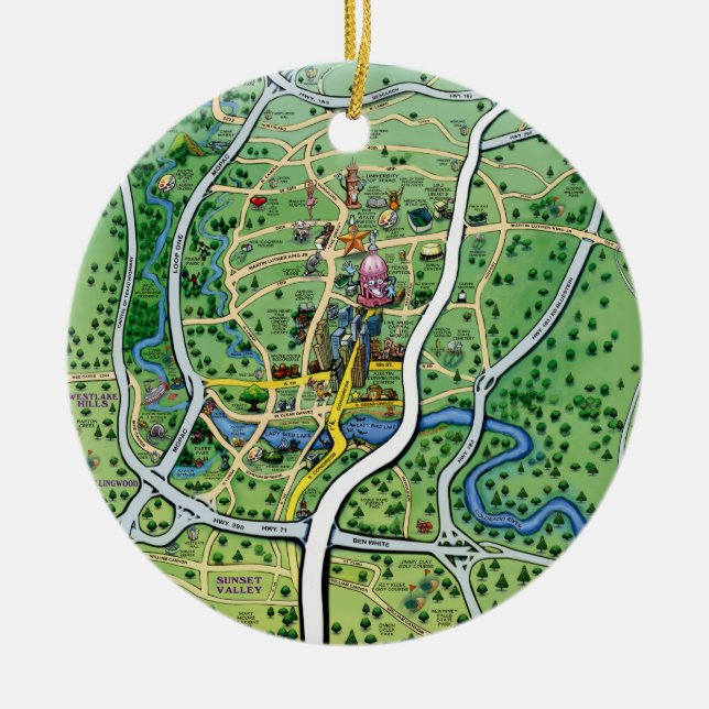 Austin Texas Cartoon Map Ceramic Tree Decoration (Front)