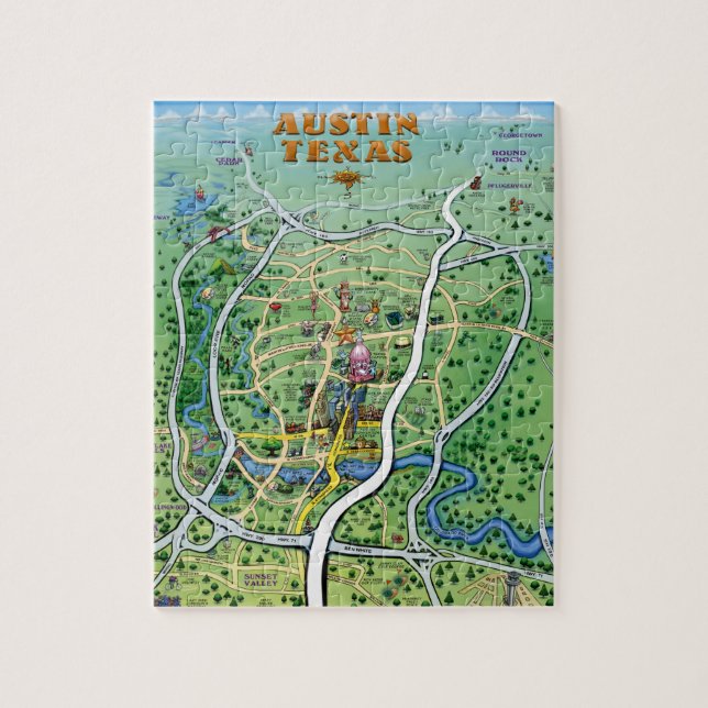 Austin Texas Cartoon Map Jigsaw Puzzle (Vertical)
