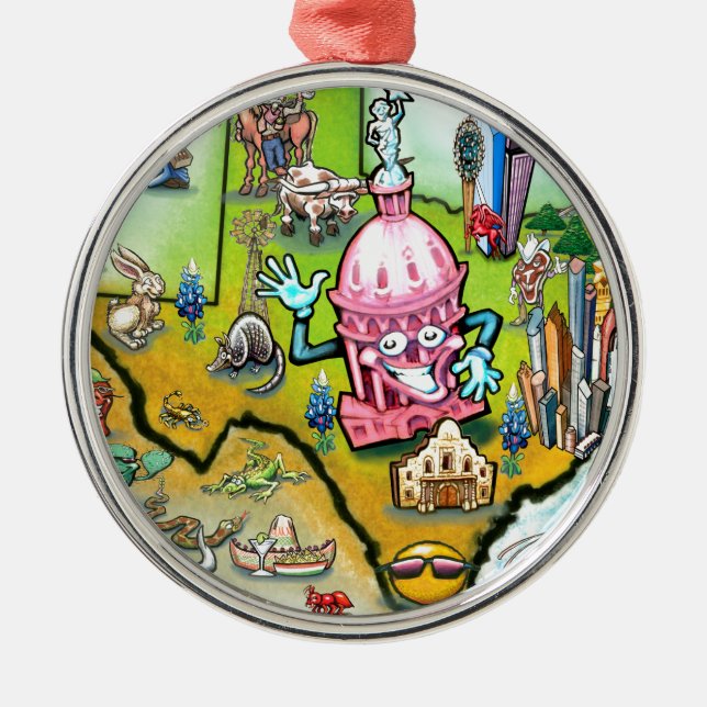 Austin Texas Cartoon Map Metal Tree Decoration (Front)