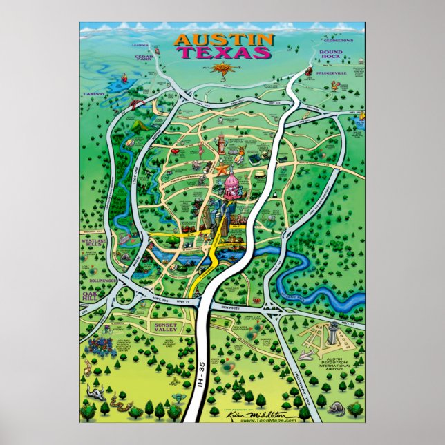 Austin Texas Cartoon Map Poster (Front)