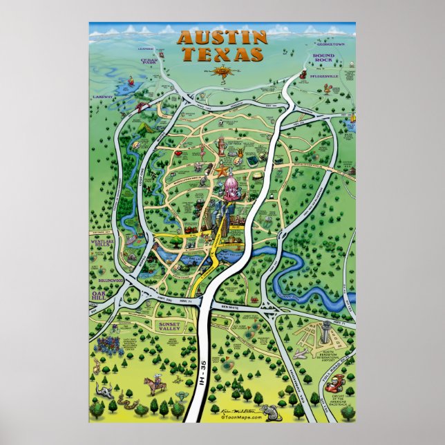 Austin Texas Cartoon Map Poster (Front)