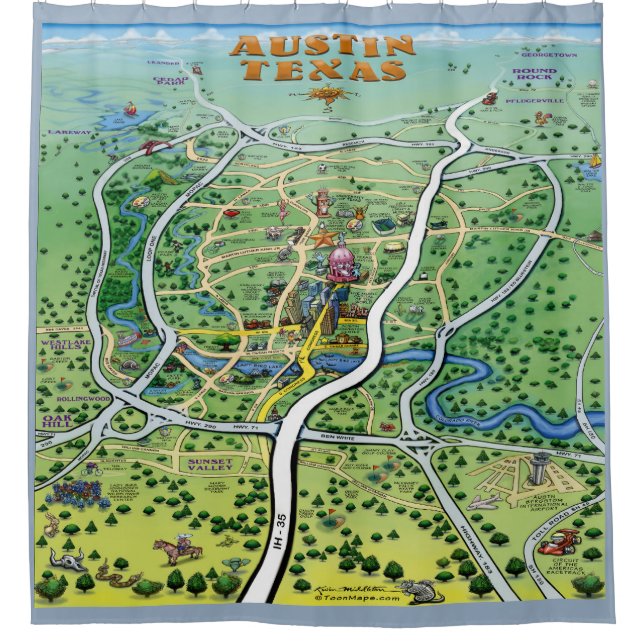 Austin Texas Cartoon Map Shower Curtain (Front)