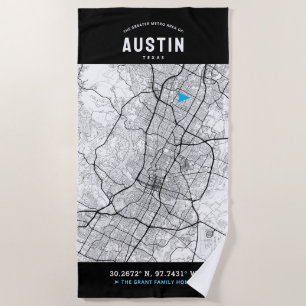 Austin, Texas City Map + Your Custom Location Beach Towel