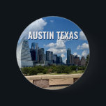 Austin Texas City Skyline Photography 6 Cm Round Badge<br><div class="desc">This modern Austin Texas button features beautiful blue sky and clouds above the city skyline. All of the new buildings against the pretty green trees that epitomises the beauty of the urban downtown and nature of the place. Great travel keepsake gift for a visitor or a local Austinite that likes...</div>