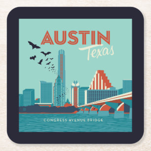 Austin, Texas Congress Avenue Bridge Square Paper Coaster