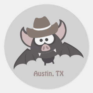 Austin Texas Cute Cartoon Cowboy Bat Classic Round Sticker