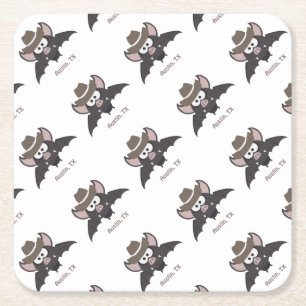 Austin Texas Cute Cartoon Cowboy Bat Square Paper Coaster