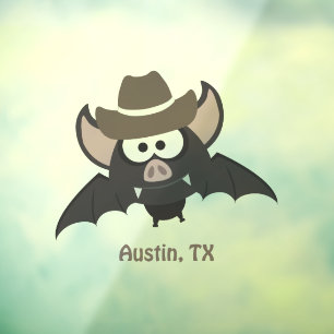 Austin Texas Cute Cartoon Cowboy Bat  Window Cling