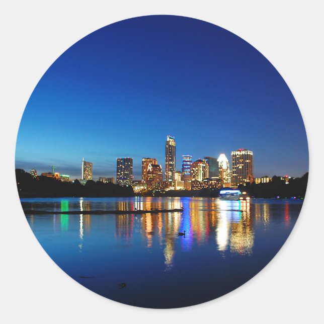 Austin Texas Downtown Night Skyline Ladybird Lake Classic Round Sticker (Front)