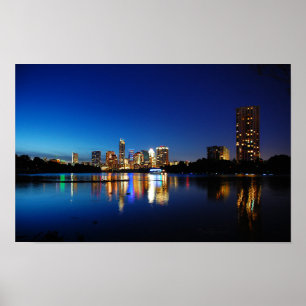 Austin Texas Downtown Night Skyline Ladybird Lake Poster