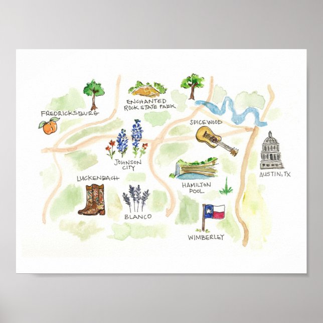 Austin Texas Hill Country Watercolor Map Poster (Front)