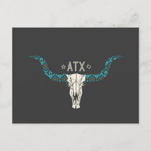 Austin Texas Long Horn Skull Southwest Pattern Postcard