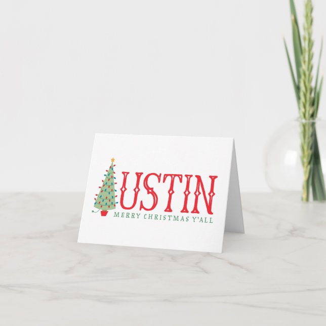 Austin Texas Merry Christmas Tree Greeting Card (Front)